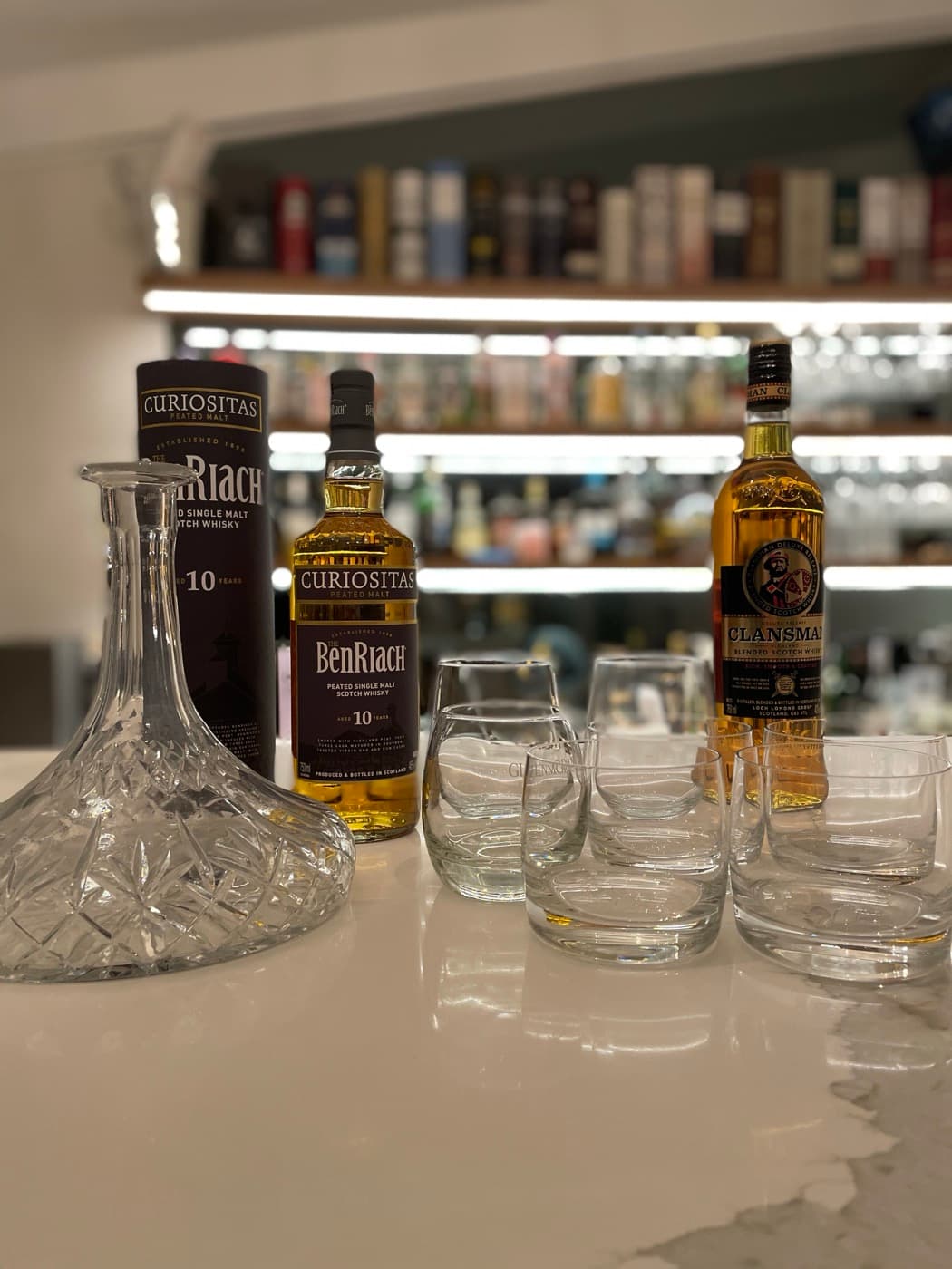 Crystal decanter and Glencairn glasses ready for tasting