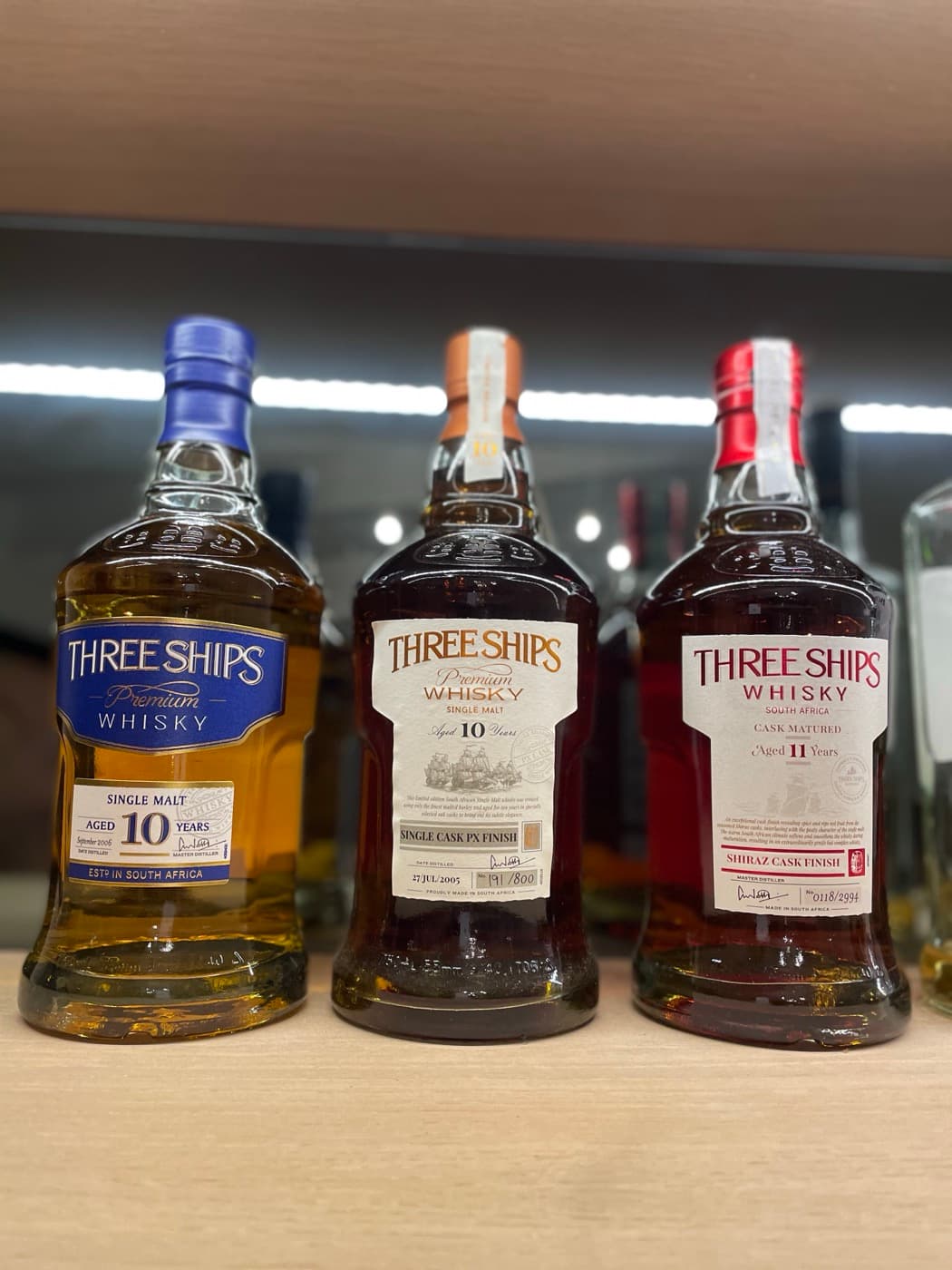 Three Ships South African whisky lineup — 10yr Single Malt, 10yr PX Finish, 11yr Shiraz Cask